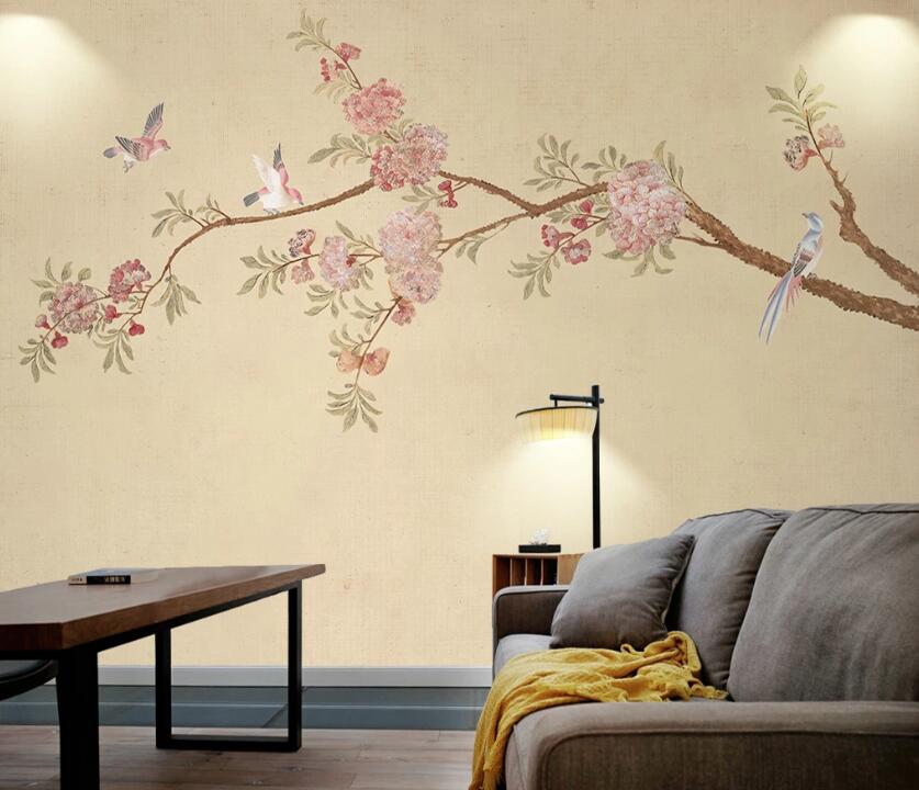 3D Pink Flowers And White Birds 1212 Wall Murals