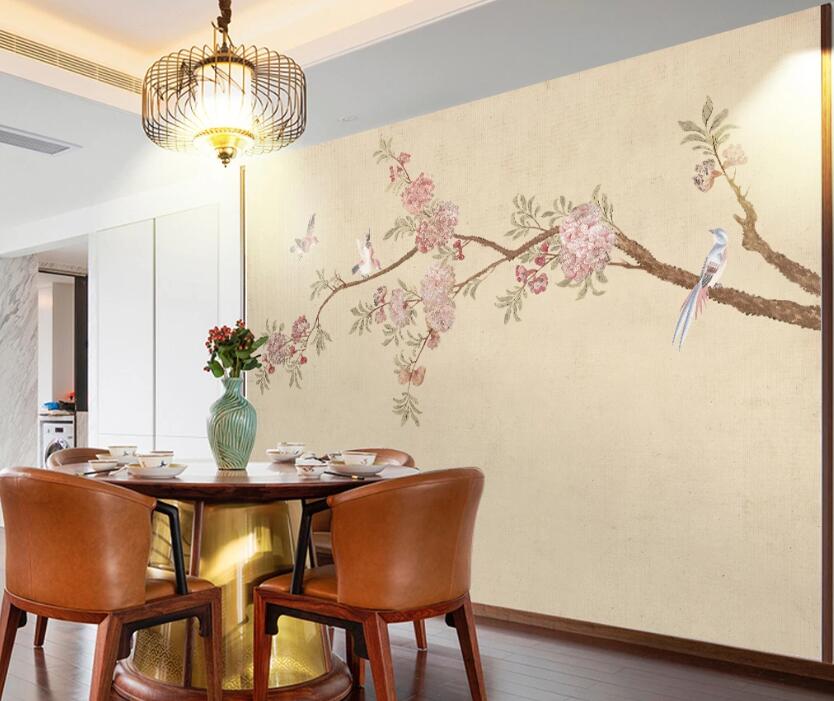 3D Pink Flowers And White Birds 1212 Wall Murals