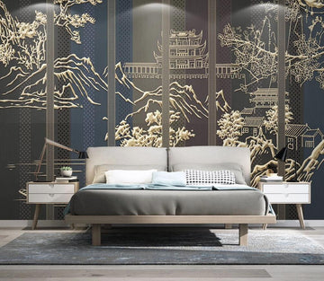 3D Ancient Buildings Outlined By Gold Lines 1550 Wall Murals