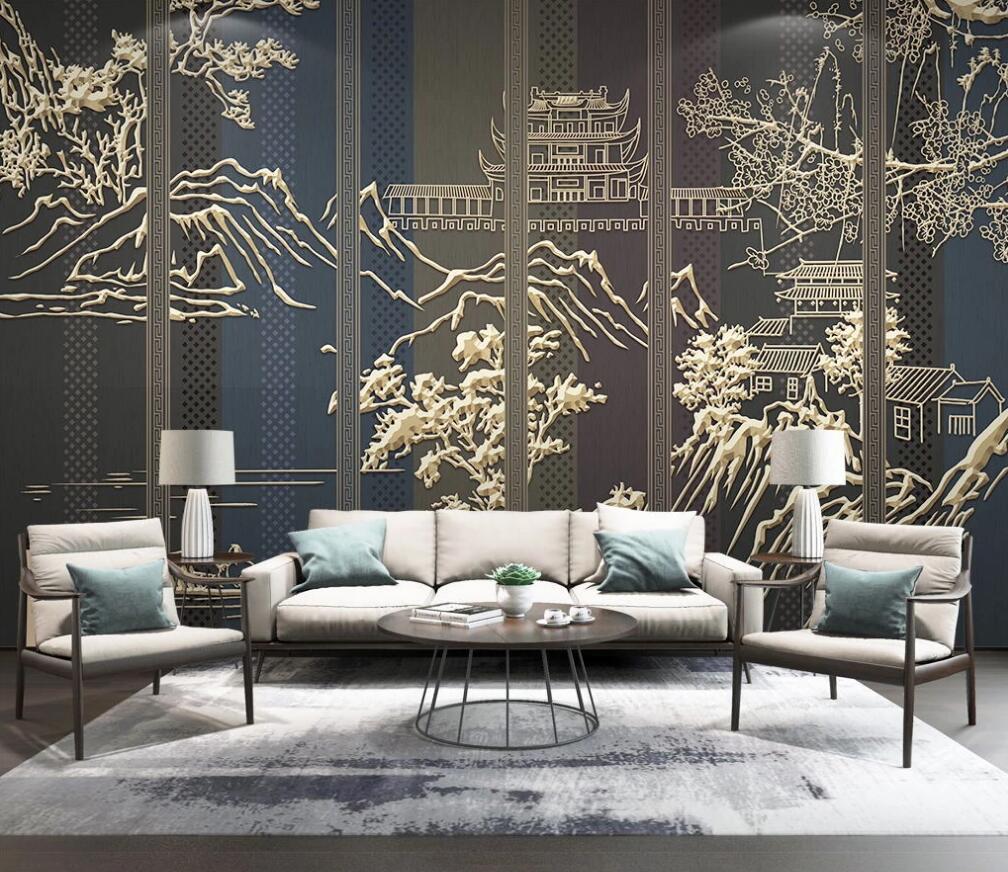 3D Ancient Buildings Outlined By Gold Lines 1550 Wall Murals