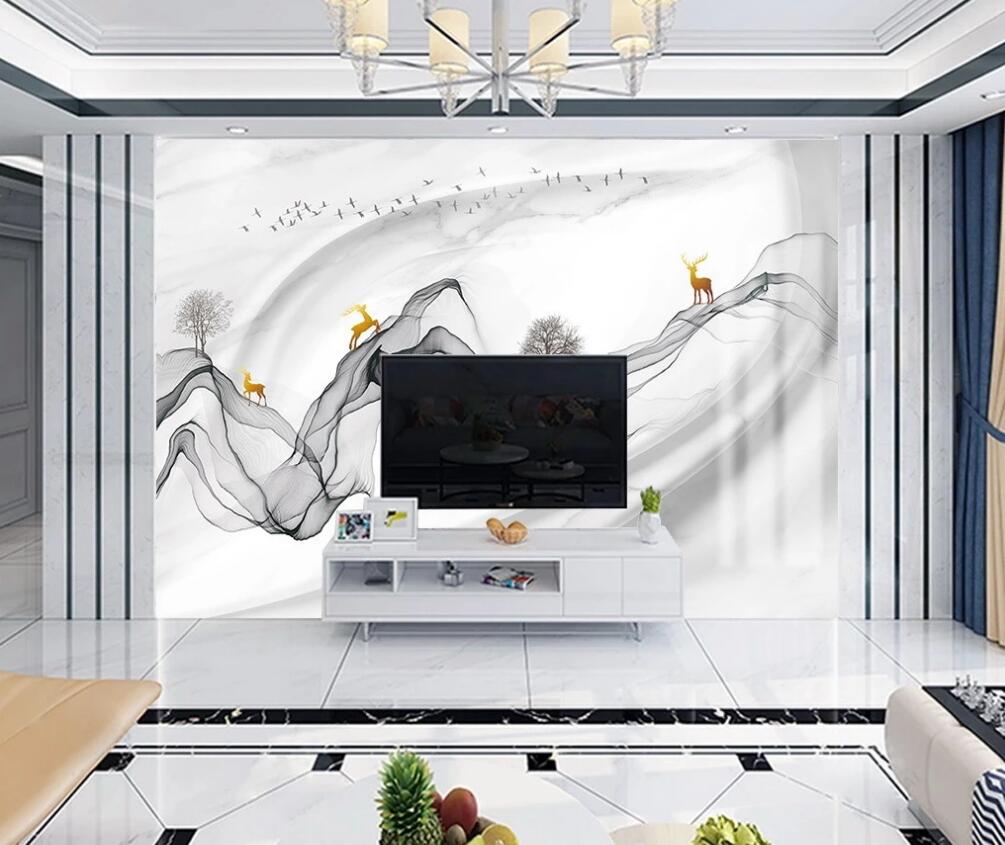 3D Golden Deer On Ink Ribbon 1551 Wall Murals