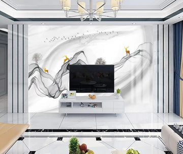 3D Golden Deer On Ink Ribbon 1551 Wall Murals