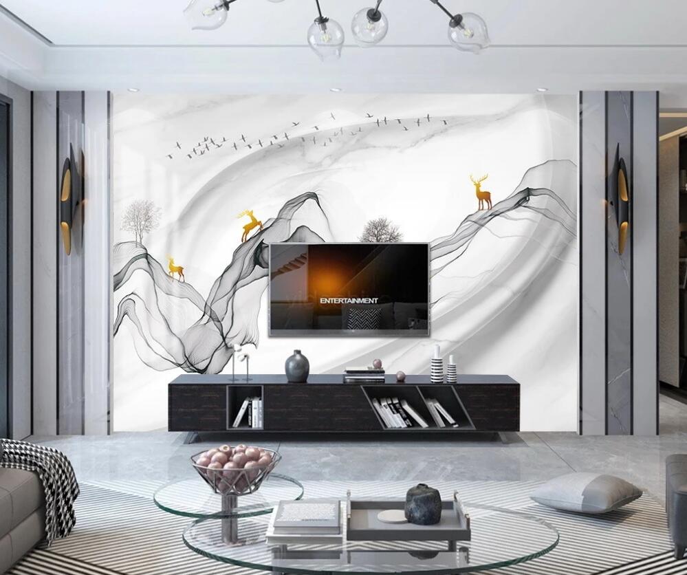 3D Golden Deer On Ink Ribbon 1551 Wall Murals