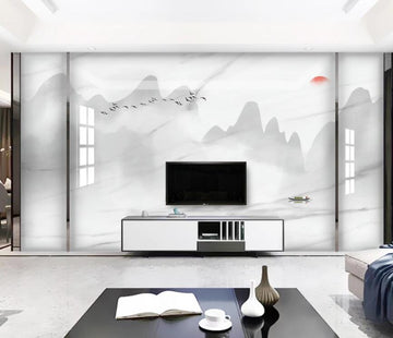 3D Little Red Sun And Shadow Mountains 1407 Wall Murals