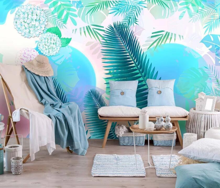 3D Blue Shapes And Leaves 1187 Wall Murals