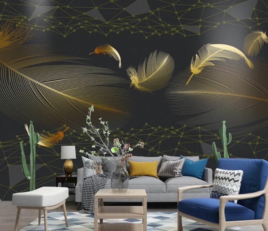 3D Golden Fluttering Feathers 1487 Wall Murals