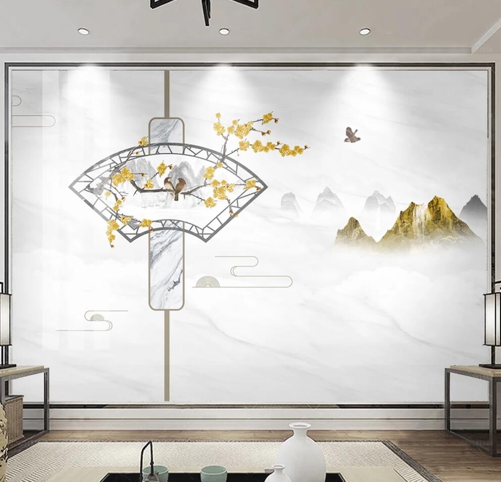 3D Classical Fan And Flowers 1428 Wall Murals