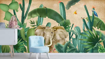 3D Elephant Under Wide Leaves 1200 Wall Murals