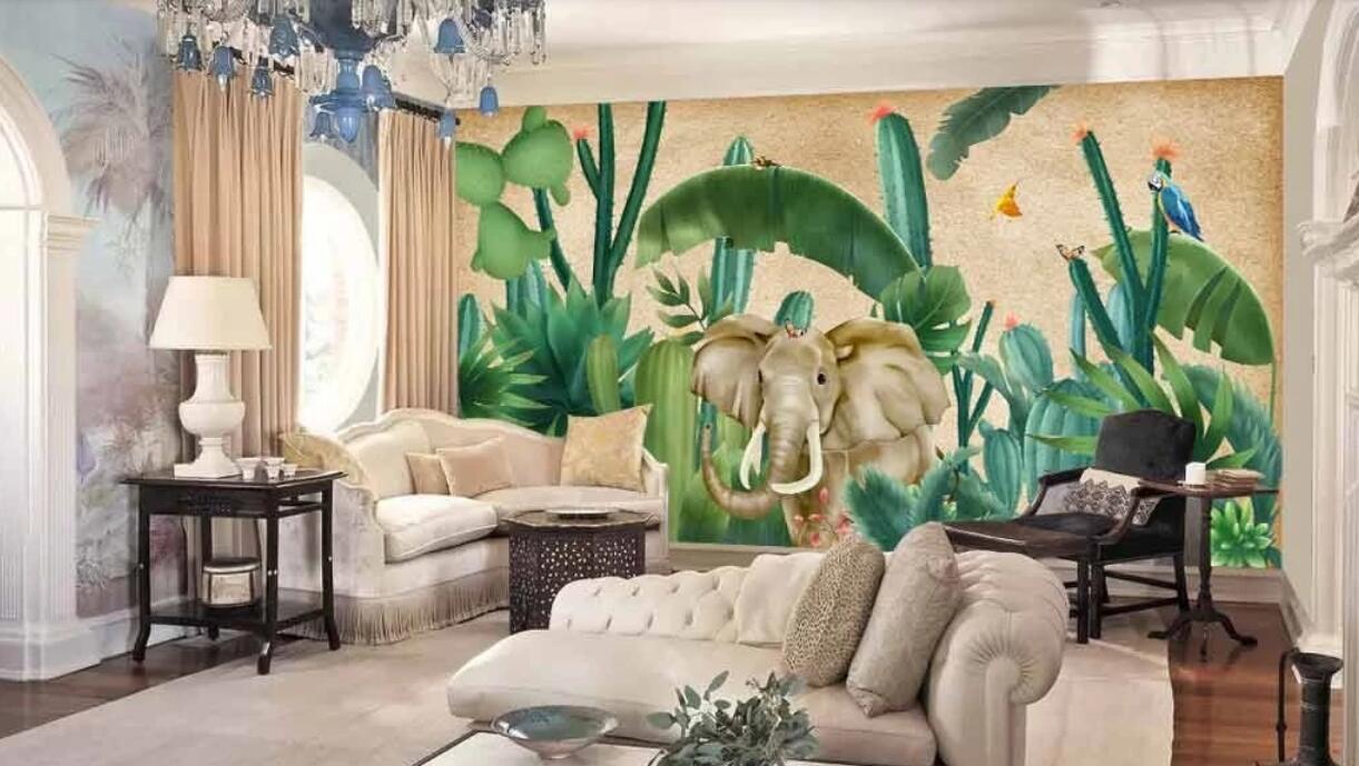 3D Elephant Under Wide Leaves 1200 Wall Murals