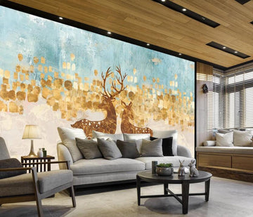3D Golden Leaves And Deers 1198 Wall Murals