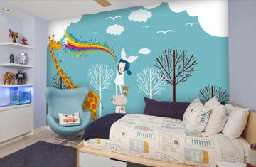 3D Girl And Giraffe Sharing The Rainbow 1109 Wall Murals