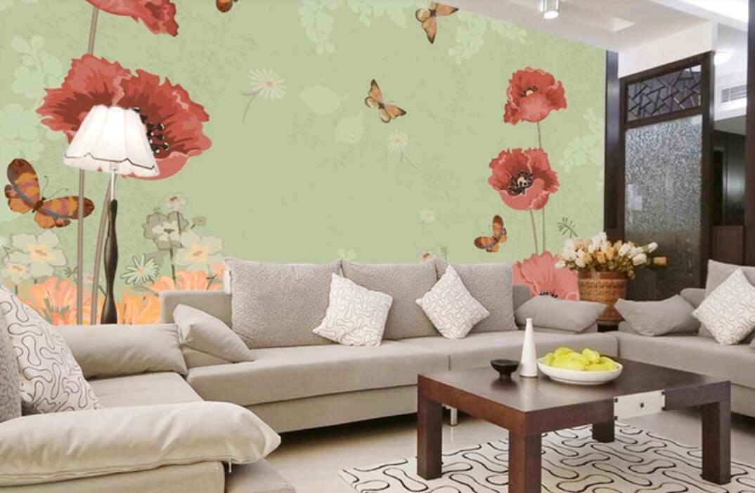 3D Spring Red Flowers And Butterflies 1082 Wall Murals
