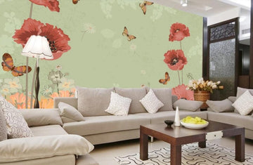 3D Spring Red Flowers And Butterflies 1082 Wall Murals