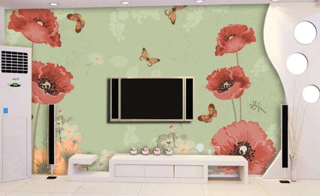 3D Spring Red Flowers And Butterflies 1082 Wall Murals