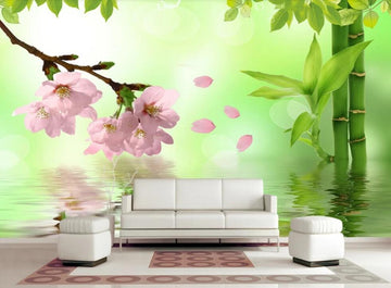 3D Pink Flowers And Green Bamboos 1790 Wall Murals