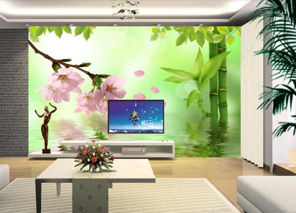 3D Pink Flowers And Green Bamboos 1790 Wall Murals