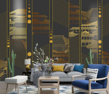 3D Buildings Outlined By Gold Lines 1384 Wall Murals