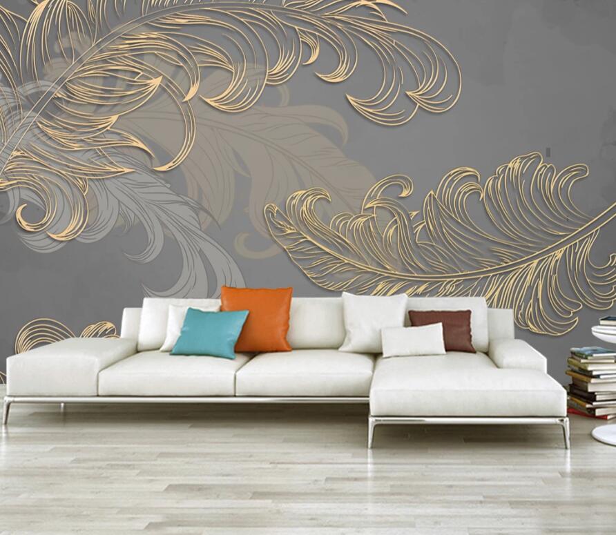 3D Golden Curly Feathers 1375 Wall Murals