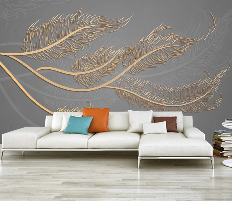 3D Golden Fluttering Feathers 1374 Wall Murals