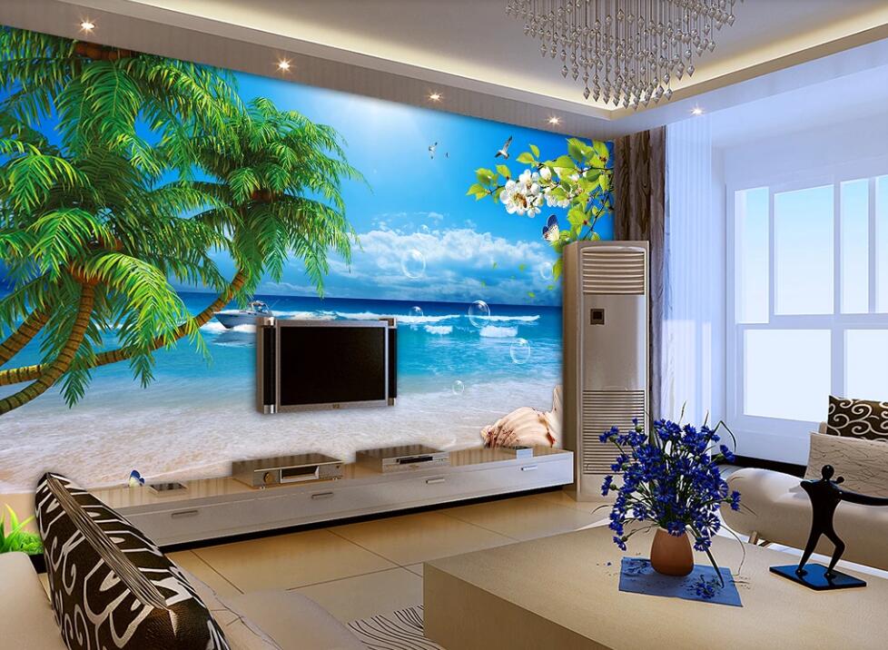 3D Blue Sea And Green Leaves 1848 Wall Murals