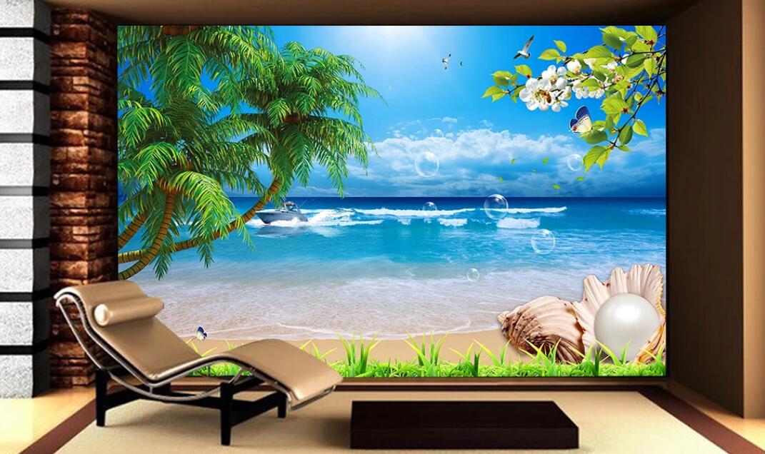 3D Blue Sea And Green Leaves 1848 Wall Murals