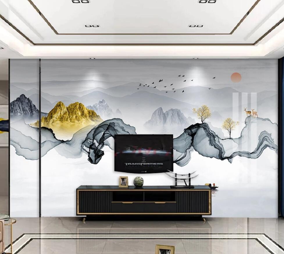 3D Two Colored Mountains And Trees 1316 Wall Murals