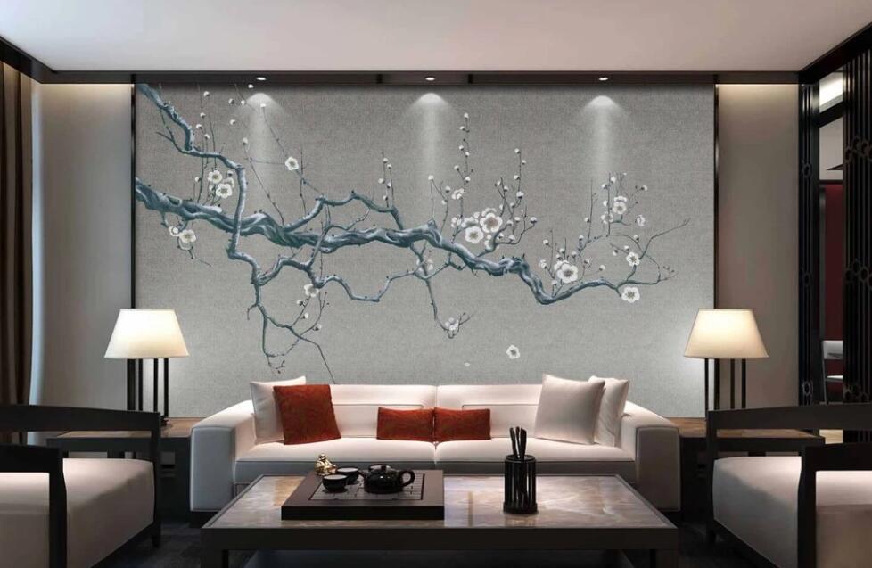 3D Dark Blue Branches And White Flowers 1856 Wall Murals