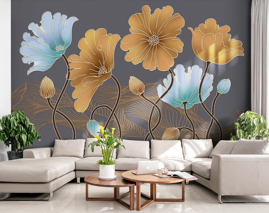 3D Two Kinds Of Bright Flowers 1956 Wall Murals