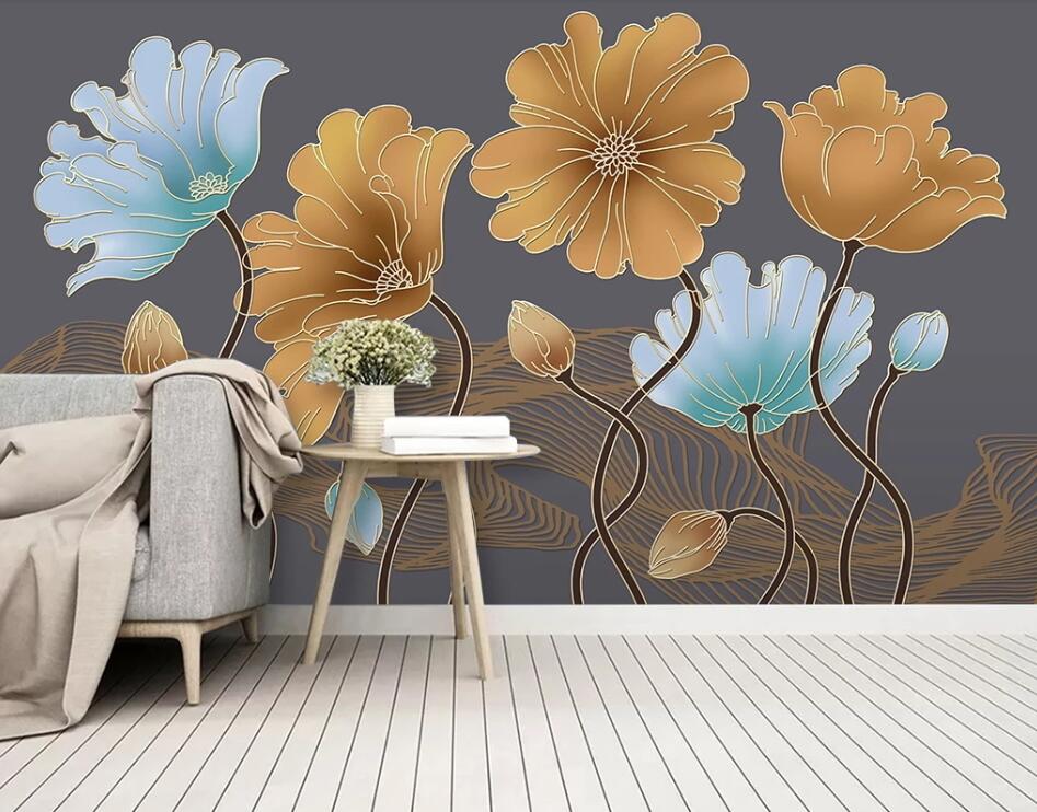 3D Two Kinds Of Bright Flowers 1956 Wall Murals
