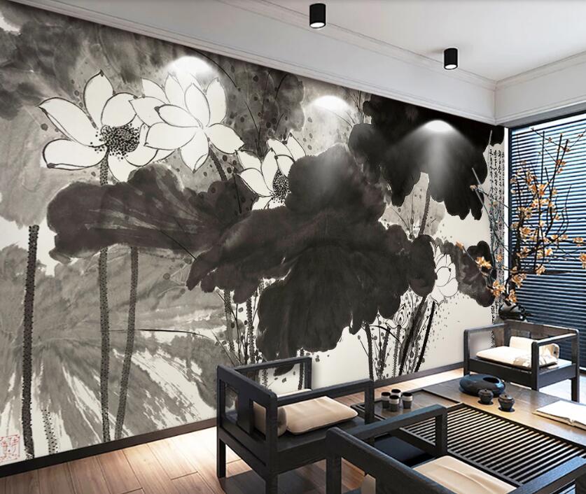 3D Lotus Blooming In Ink 1872 Wall Murals
