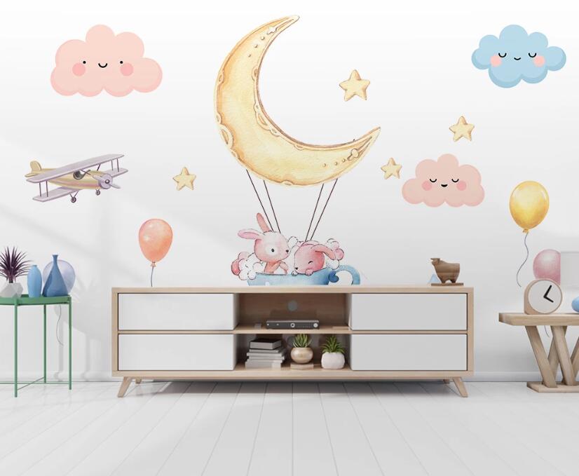 3D Moon And Pink Rabbits 2000 Wall Murals