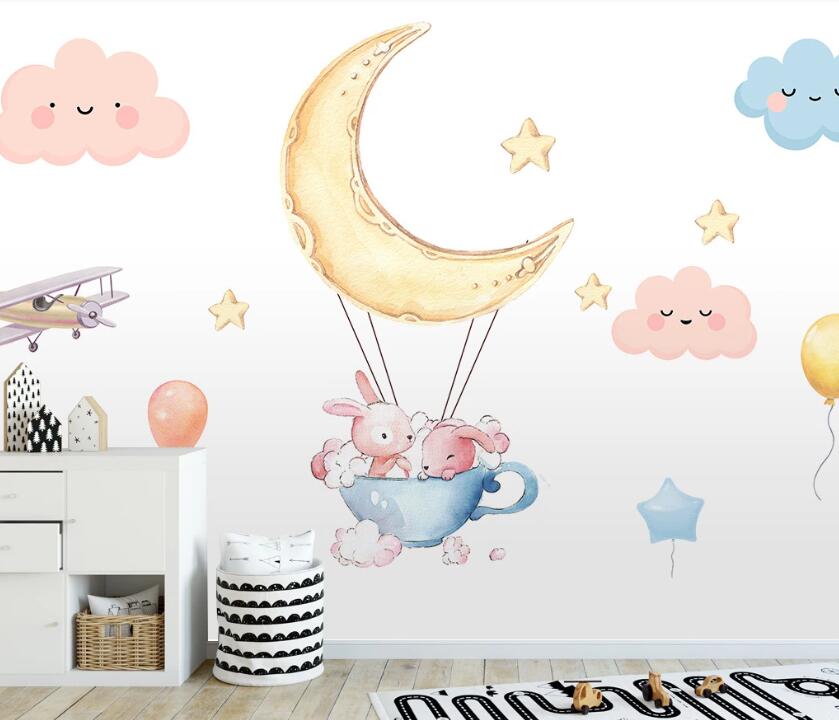 3D Moon And Pink Rabbits 2000 Wall Murals