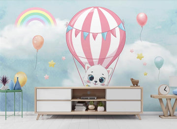3D Pink Hot Air Balloon And Cat 1999 Wall Murals
