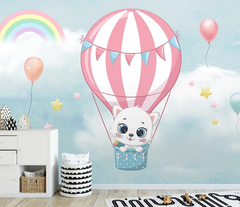 3D Pink Hot Air Balloon And Cat 1999 Wall Murals