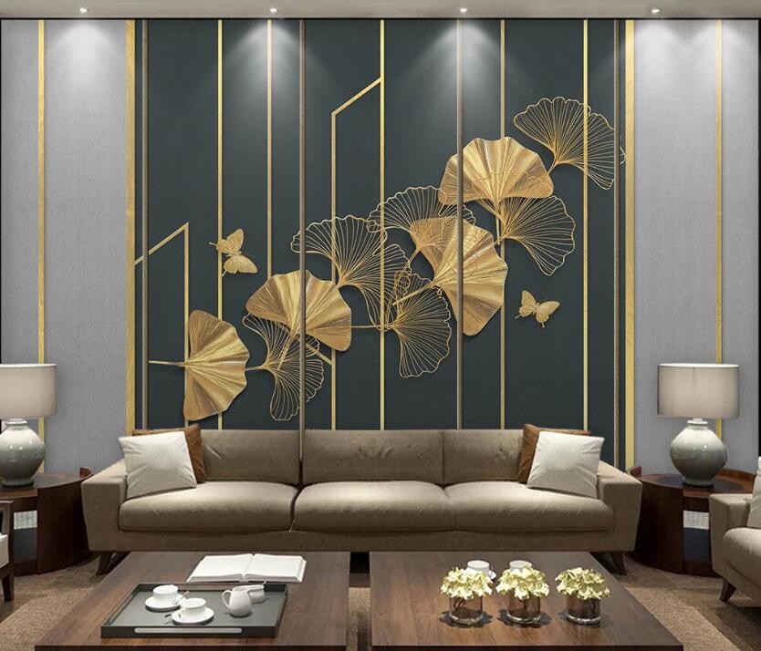 3D Golden Fan-shaped Leaves 1996 Wall Murals