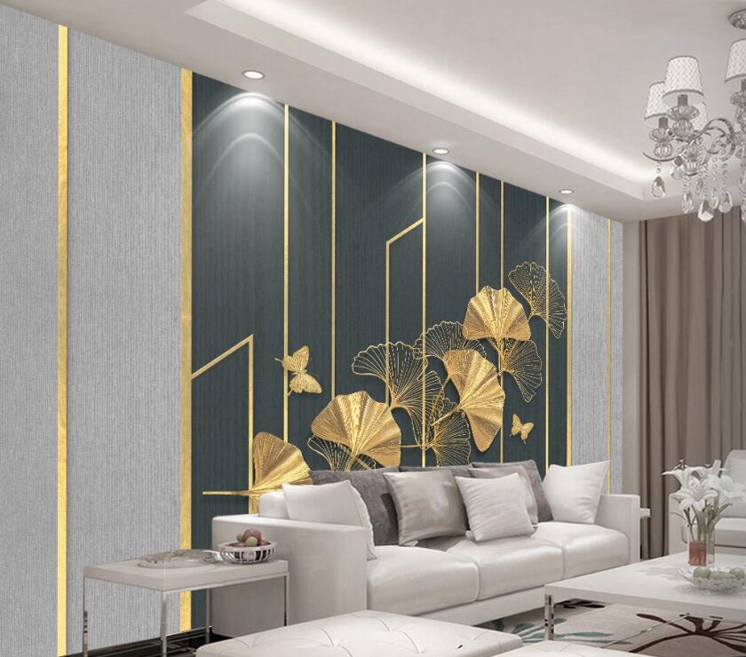 3D Golden Fan-shaped Leaves 1996 Wall Murals
