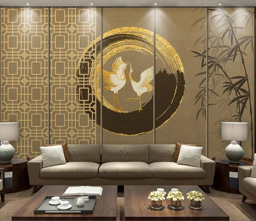 3D White Birds In Golden Circle 1993 Wall Murals