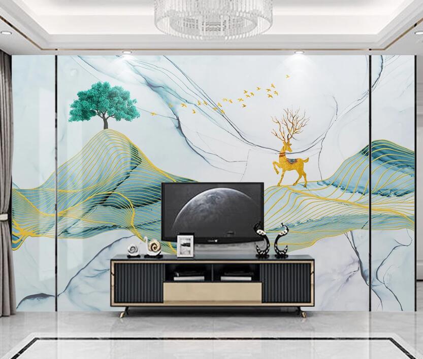 3D Gorgeous Golden Deer 1980 Wall Murals