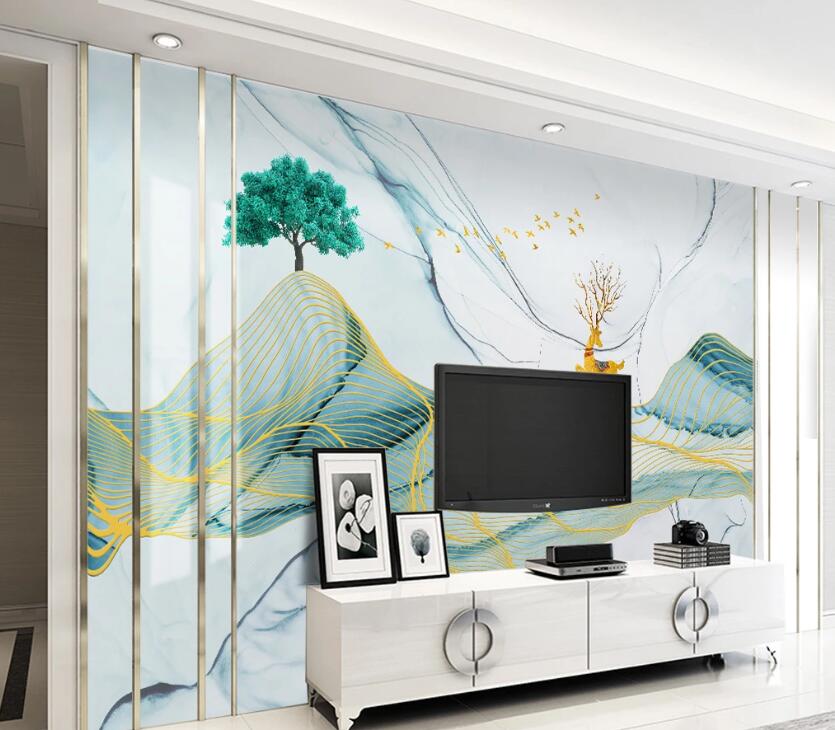 3D Gorgeous Golden Deer 1980 Wall Murals