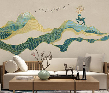 3D Blue Deer On Ribbon 1973 Wall Murals