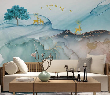 3D Blue Misty Mountains 1960 Wall Murals