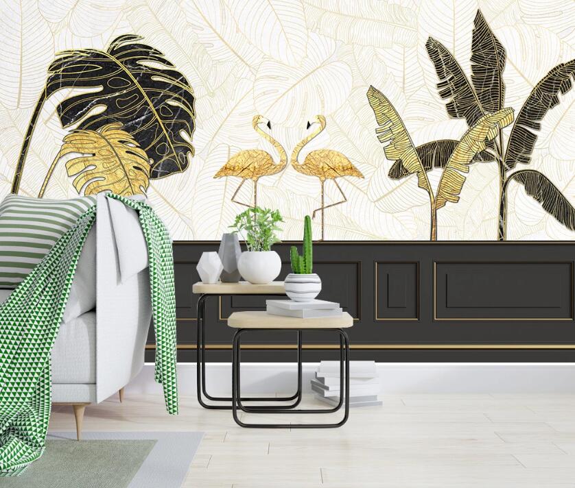 3D Golden Noble Flamingos 1946 Wall Murals