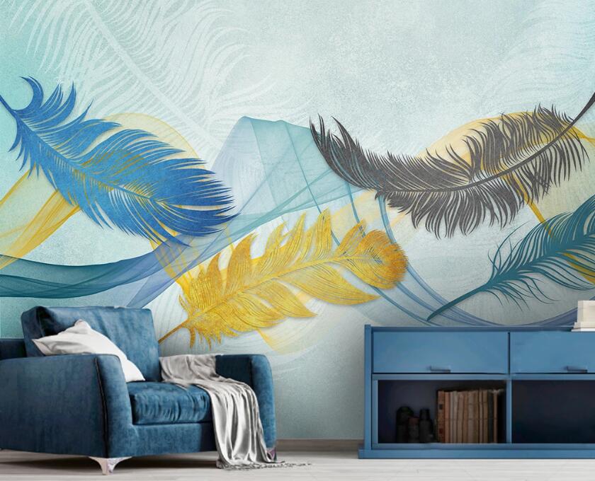3D Intense Four-color Flowing Feathers 1934 Wall Murals