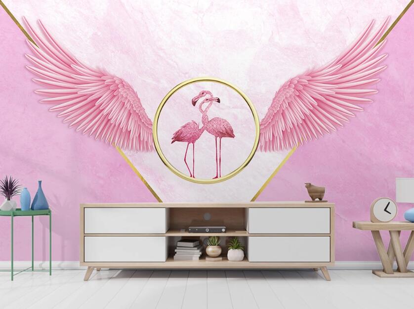 3D Flamingos In Pink Wings 1915 Wall Murals