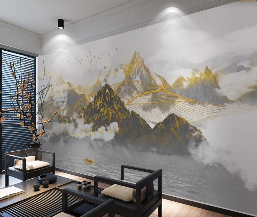3D Golden Tangled Ink Mountains 1892 Wall Murals