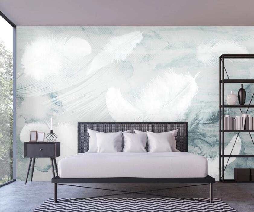 3D White Feathers Falling Hazy 1884 Wall Murals