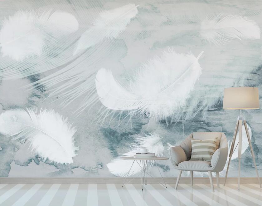 3D White Feathers Falling Hazy 1884 Wall Murals