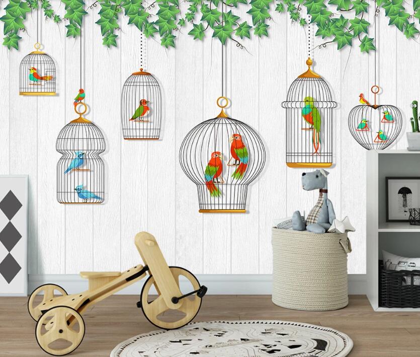 3D Colorful Birds In Cage 2242 Wall Murals