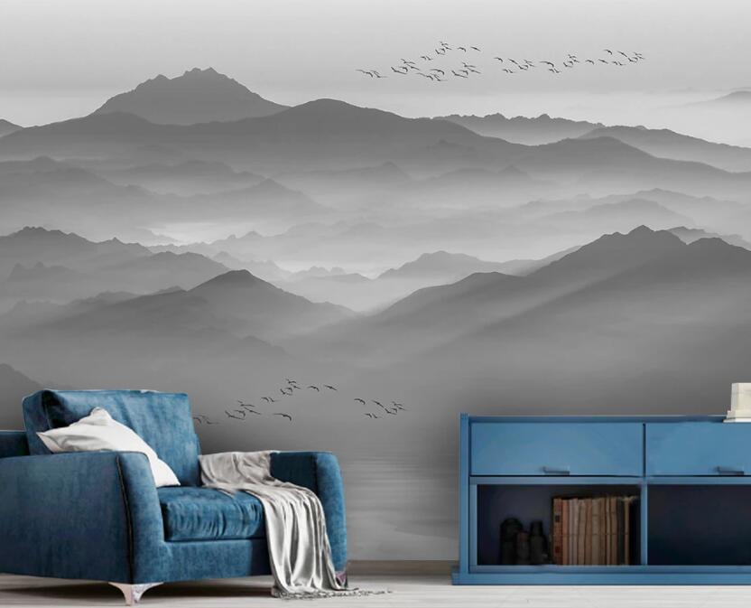 3D Light Gray Serene Mountains 2236 Wall Murals