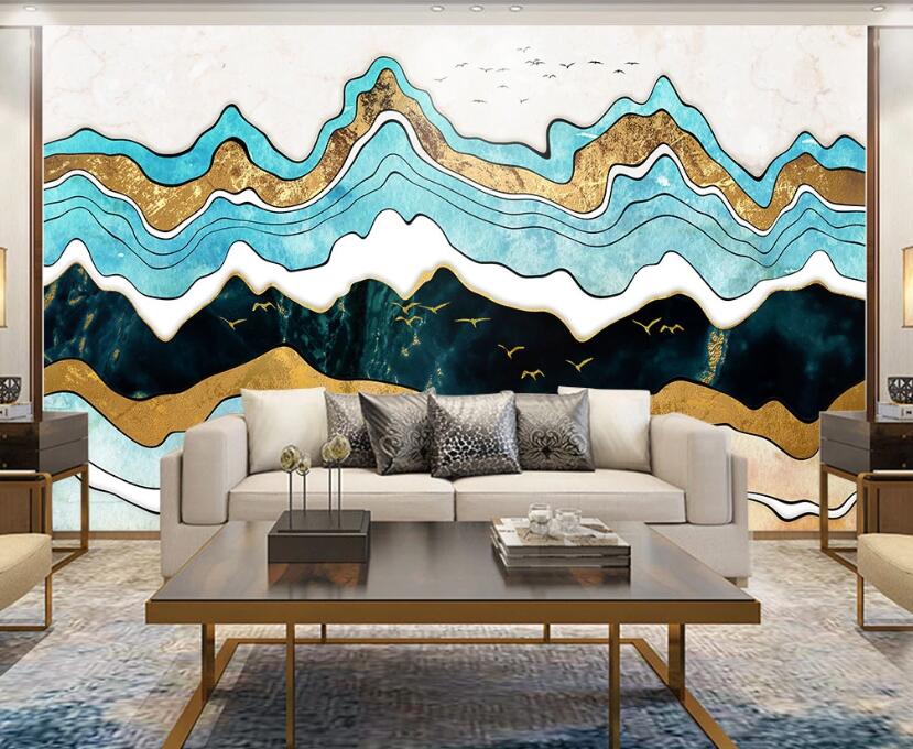 3D Blue Golden Wave 2136 Wall Murals